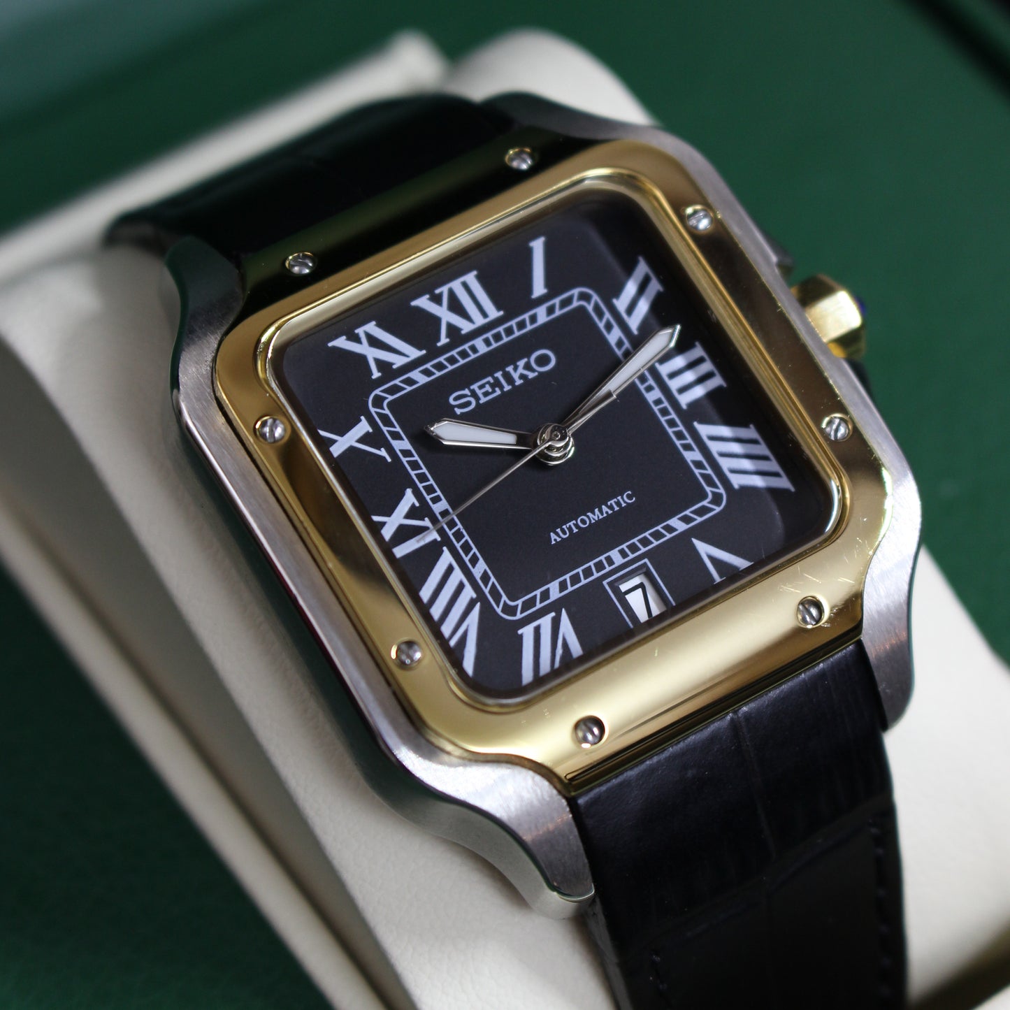 SANTOS BLACK DIAL LEATHER STRAP