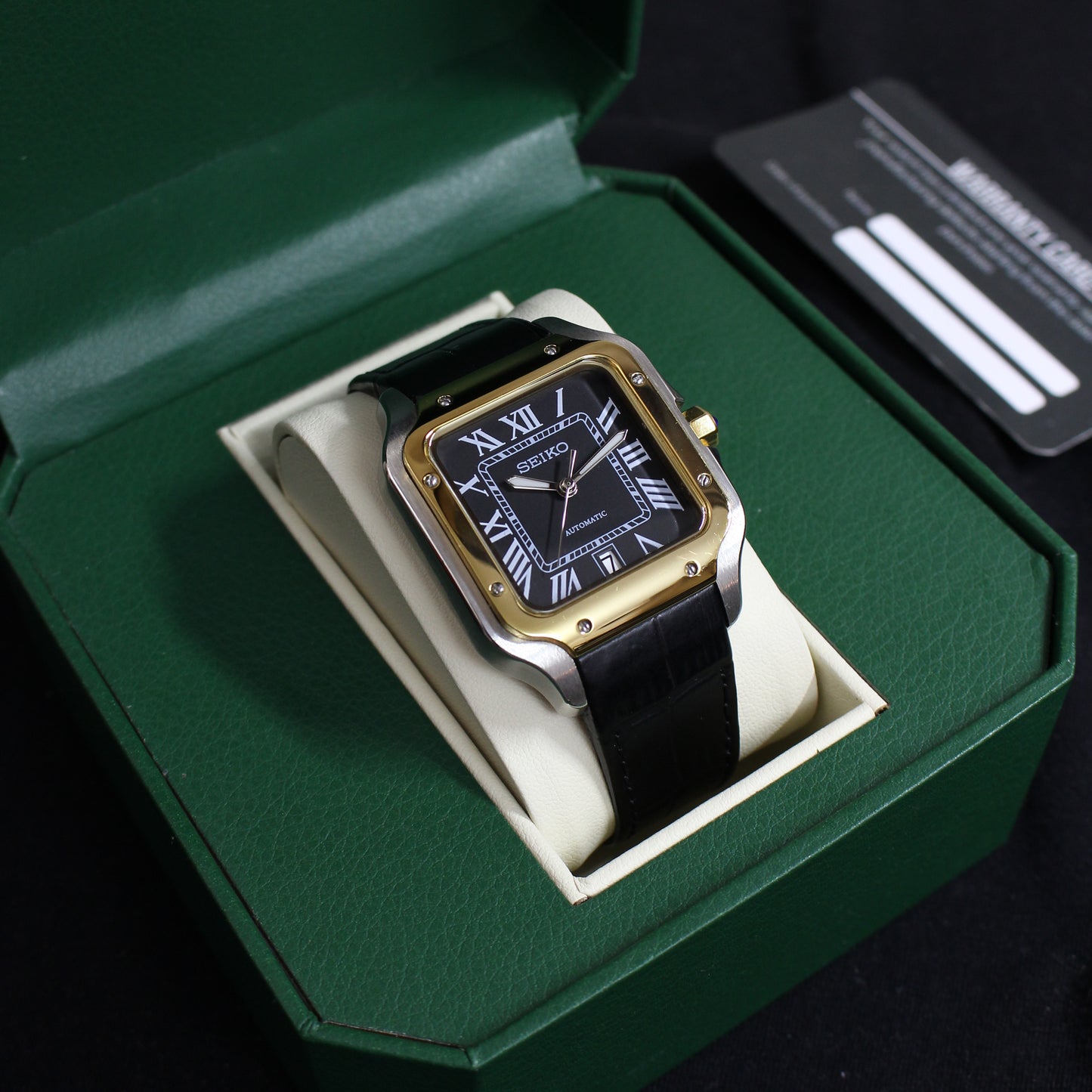 SANTOS BLACK DIAL LEATHER STRAP